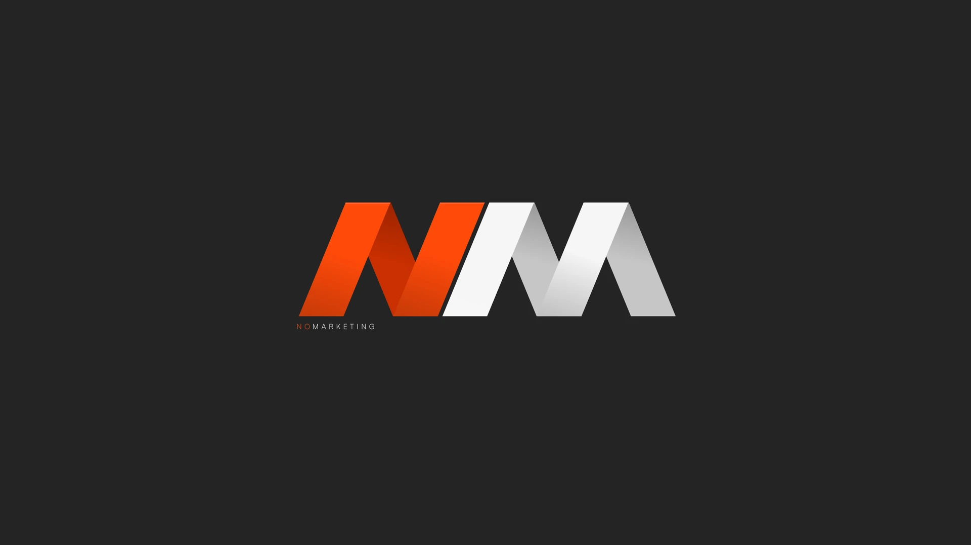 the final nomarketing logo — an NM monogram, orange N folding into a steel-white M, on charcoal
