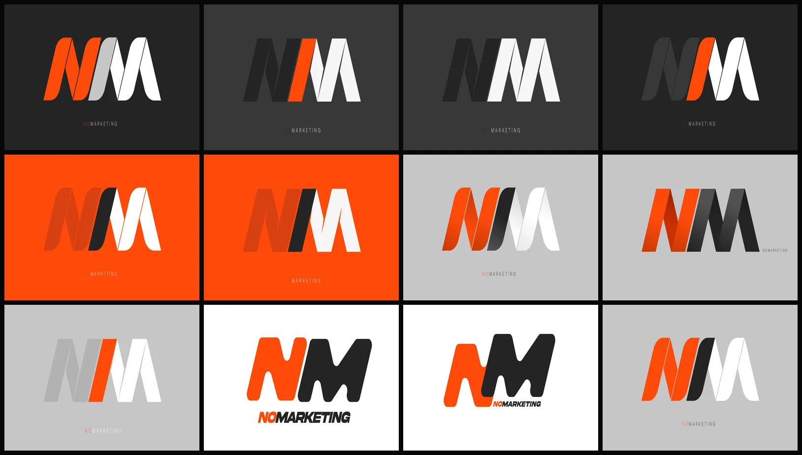 a grid of twelve nomarketing logo iterations across dark, orange, grey and white backgrounds