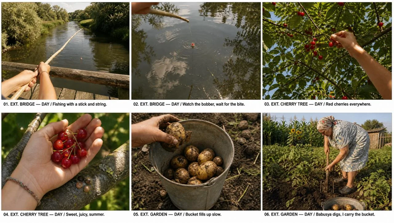 storyboard — fishing with a stick and string, cherries, the potato bucket, babusya digging the garden