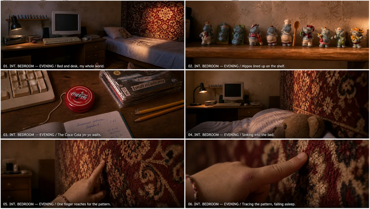 storyboard — the old bedroom, tracing the carpet's pattern, falling asleep