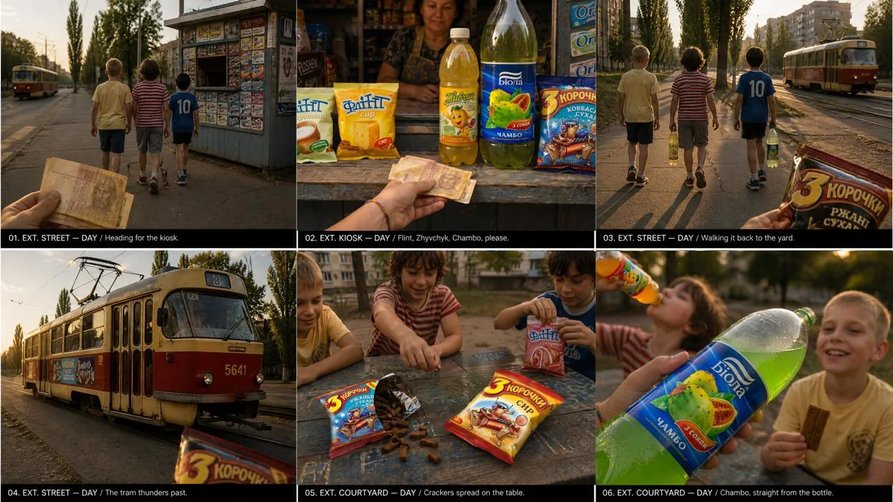 storyboard — buying chambo and sukhariki at the kiosk, walking back past the tram