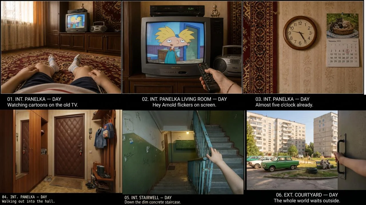 storyboard — hey arnold on an old tv, the wall clock, down the stairwell to the courtyard