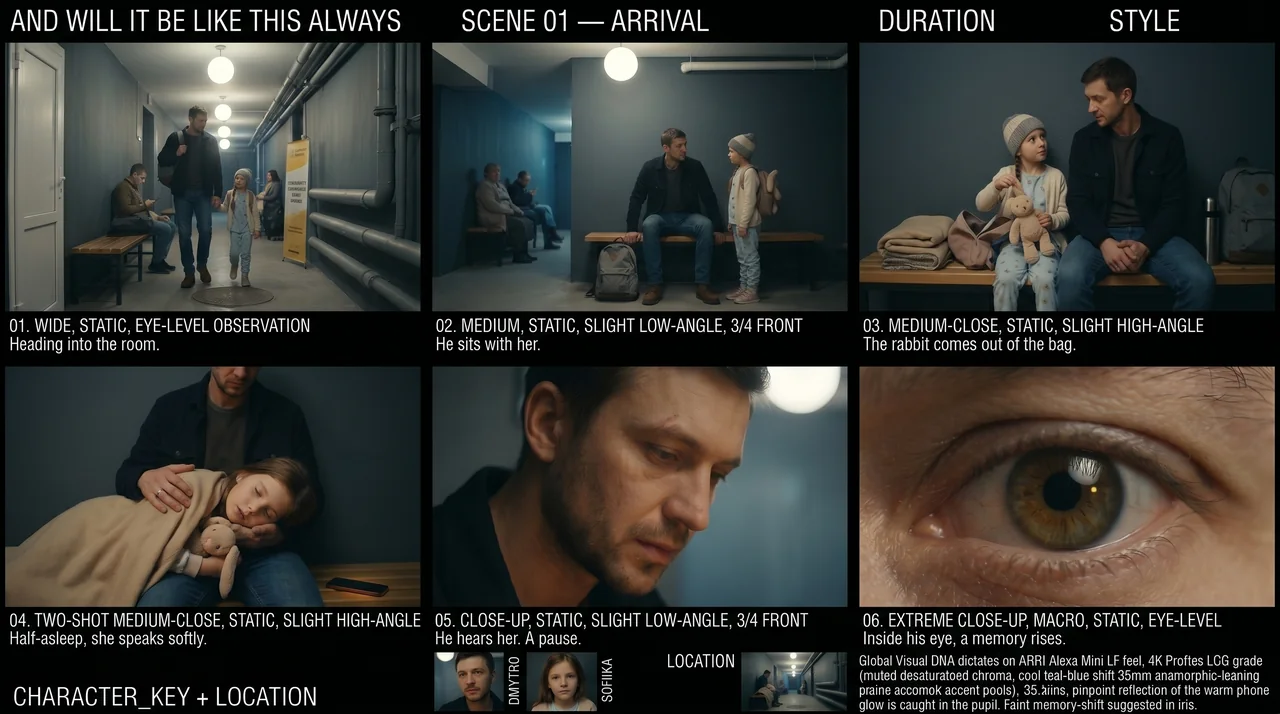 storyboard — father and daughter arrive at the shelter, the rabbit toy comes out of the bag, she falls asleep on his shoulder, his eye carries the memory