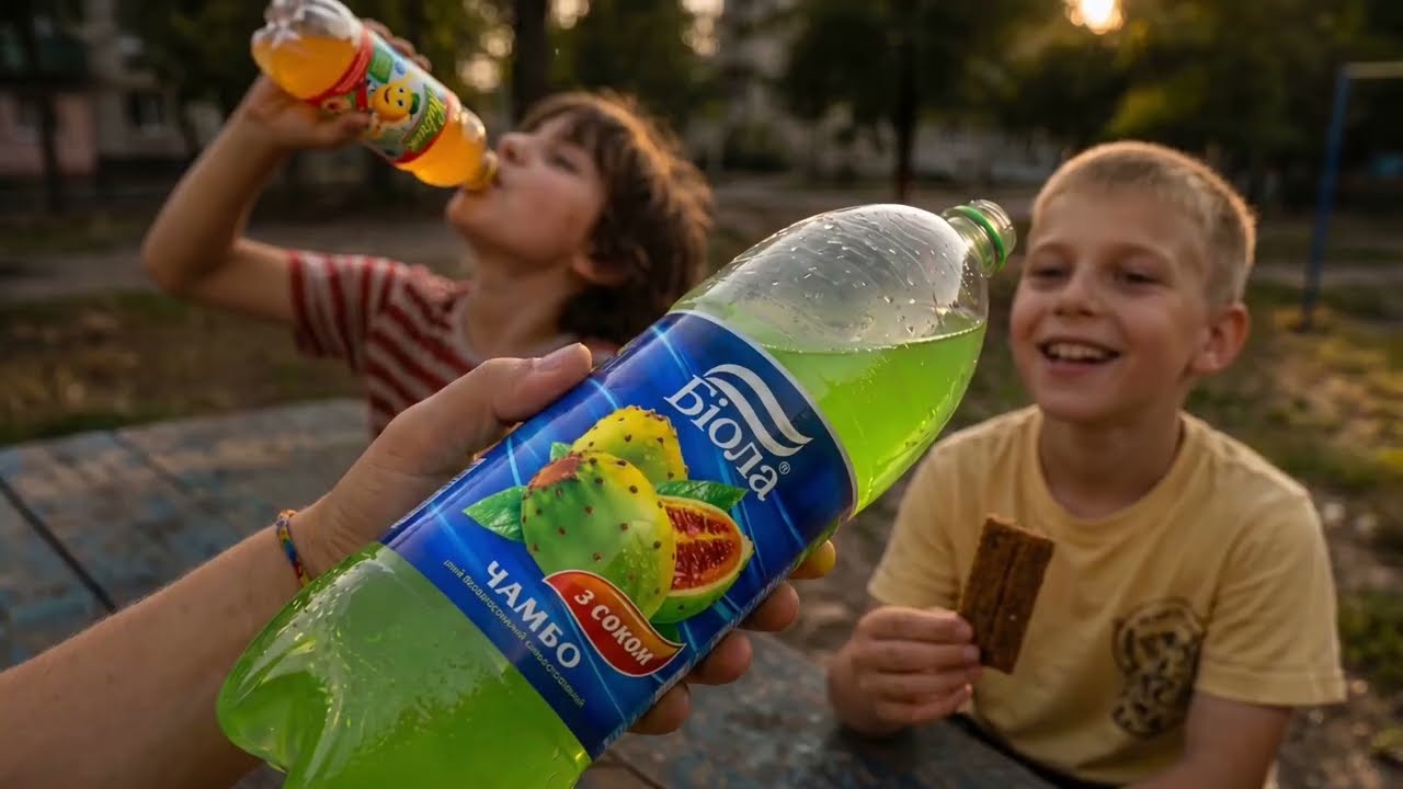 and will it be like this always — two kids in a courtyard sharing a bottle of чамбо at golden hour, the finished ad's poster frame